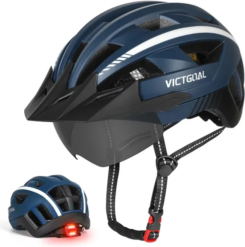 VICTGOAL Casco de bicicleta para hombres y mujeres con luz LED, gafas magnéticas desmontables, visera solar extraíble, casco de bicicleta de montaña