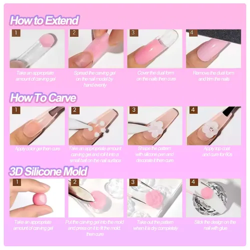 Miniatura 9 de Gel de uñas sólido constructor, 6 colores no pegajosos para esculpir 3D para arte de uñas, pegamento de extensión de uñas, kit de uñas duras