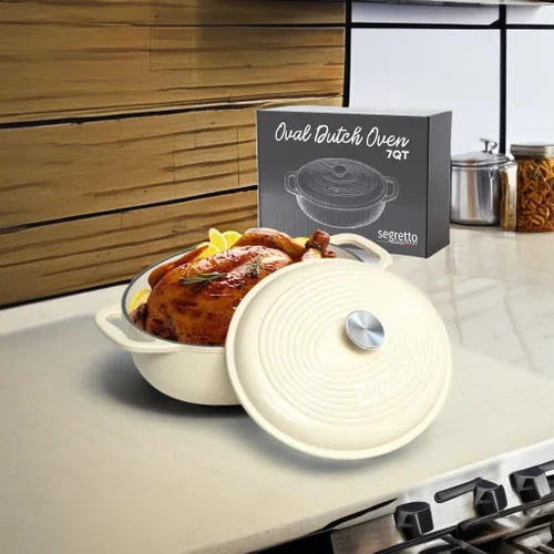 Miniatura 5 de Segretto Cookware Horno holandés ovalado de hierro fundido esmaltado, 7 cuartos de galón blanco Bianco Perla (Off-White)