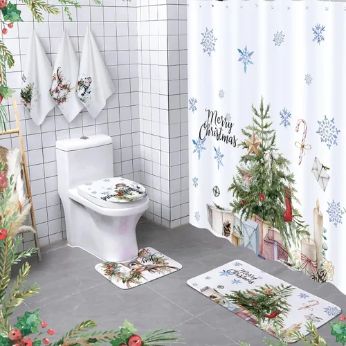 Miniatura 8 de Newwiee 7 piezas de juego de baño de Navidad, cortina de ducha de Navidad, cortina de ducha decorativa antideslizante, alfombras y toallas