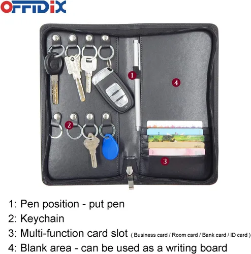 Miniatura 4 de OFFIDIX Gabinete portátil de piel sintética para llaves, 8 llaves, portátil, con cremallera, organizador de tarjetas de menús, soporte de negocios