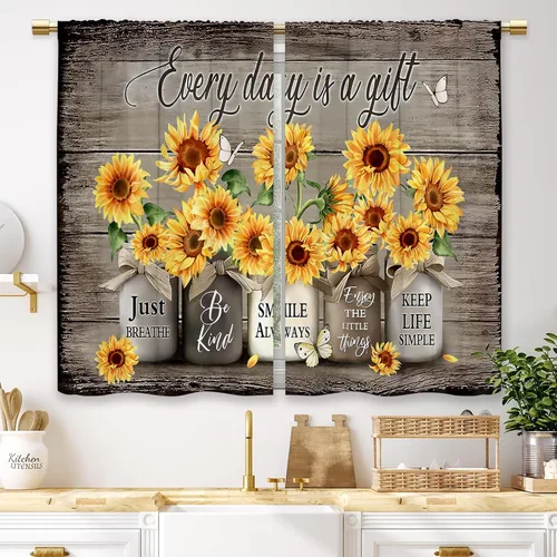 Miniatura 48 de Cortinas de Cocina de Girasol Estilo Granja, Cortinas de Ventana Cortas Pequeñas de Café con Flores Rústicas Florales del Campo, Cortinas de Ventana