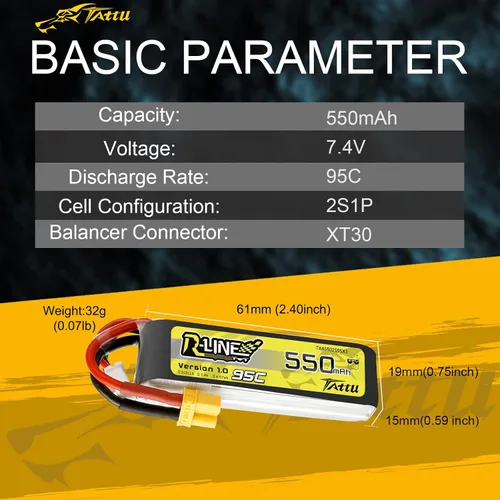 Miniatura 2 de TATTU R-Line 550mAh 7.4V 95C 2S Lipo Batería con XT30 Plug para FPV Racing Quadcopter