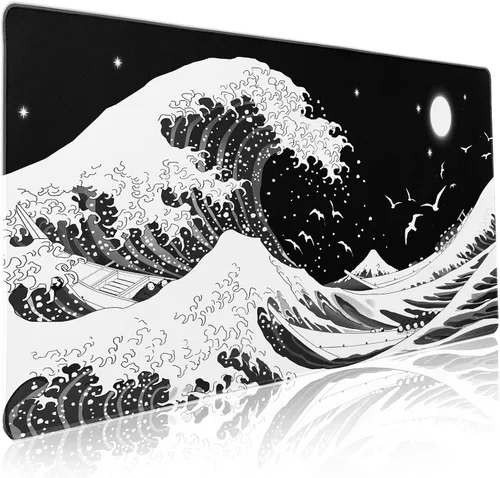 Miniatura 31 de Alfombrilla de mouse para juegos XL japonesa en negro y rojo con arte de peces koi, textura dorada, anime, borde cosido, base de goma antideslizante