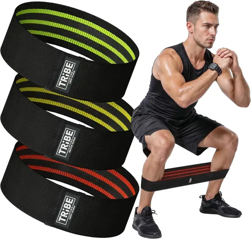 Tribe Lifting Bandas de resistencia para entrenar – Paquete de 3 bandas de entrenamiento de tela para mujeres y hombres – Bandas de glúteos para