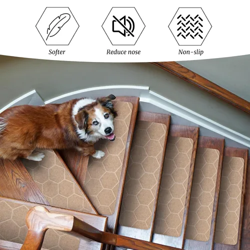 Miniatura 5 de MATAHUM Peldaños antideslizantes para escaleras, paquete de 15 alfombras de 8 x 30 pulgadas, color beige para escalones de madera en interiores