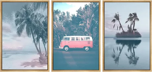 Miniatura 25 de SIGNWIN Lienzo enmarcado para pared, vista aérea de palmeras tropicales en un cielo azul, fotografía del océano costero, arte moderno, panorámico