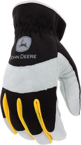 Miniatura 3 de John Deere Split Cowhide Palm Gloves – Yellow/Grey/Black, Large Spandex Back Gloves with Shirred Elastic Wrists