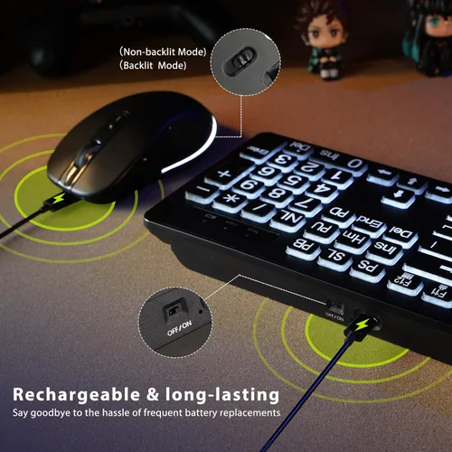 Miniatura 4 de Teclado y mouse inalámbricos retroiluminados con impresión grande, 2.4G de tamaño completo con letras grandes y llave de retroiluminación, letras