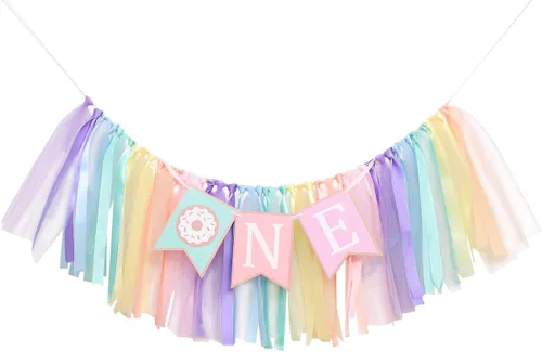 Miniatura 7 de Cartel de cumpleaños de 1 a 2 años de edad – Cartel para silla alta de cumpleaños con tema de dona, un grupo de tutú de cinta de arco iris suave