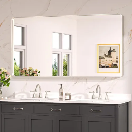 Miniatura 58 de Keonjinn Espejos de baño negros para sobre el fregadero, espejos cuadrados grandes de 36 x 36 pulgadas para pared, espejo rectangular redondeado