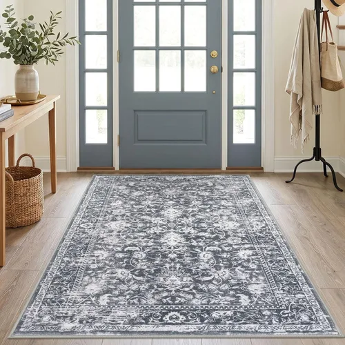 Miniatura 102 de KILOCOCO Alfombra lavable de 2 x 3 para entrada, estampado floral vintage, suave, antideslizante, azul, alfombras de cocina, tapete