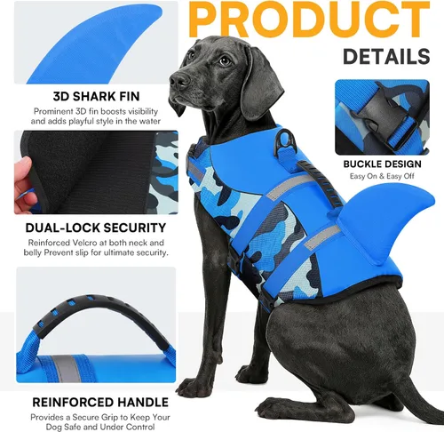 Miniatura 3 de Queenmore - Chaleco salvavidas Ripstop de tiburón para perro, ajustable, con alta flotabilidad y asa de rescate duradera, para perros pequeños