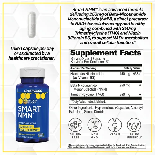 Miniatura 5 de NATURAL STACKS Paquete de suplemento Smart Ginkgo Biloba y Smart NMN - Soporte cerebral extra fuerte y apoyo NAD+* - 120 cápsulas totales