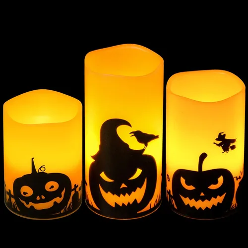 Miniatura 11 de Eldnacele Velas LED sin llama parpadeantes de Halloween, funcionan con pilas, con temporizador de 6H, calcomanías de calavera, telaraña, cuervo