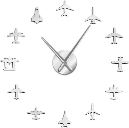 Miniatura 2 de The Geeky Days Flying Plane Fighter Jet - Reloj de pared grande sin marco, estilo acrílico, efecto espejo, adhesivo, avión, silencioso, cuarzo, Plata