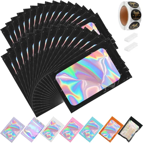 Miniatura 17 de Paquete de 150 bolsas holográficas de Mylar de 5 x 8 pulgadas con ventana transparente, pequeñas bolsas de papel de aluminio resellables