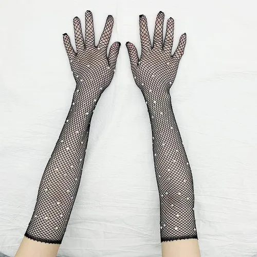 Miniatura 3 de Specell Womens Mesh Rhinestone Gloves Fishnet Sparkly Glitter Opera Highly Elastic Gloves Length 19" For Party Halloween Etc