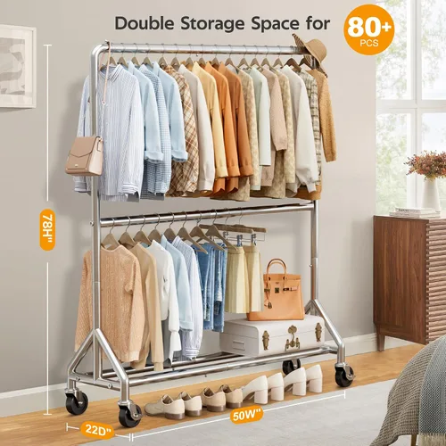 Miniatura 3 de AOODA Perchero de ropa resistente de 50 pulgadas de ancho para colgar ropa, perchero industrial de doble barra con ruedas, perchero resistente