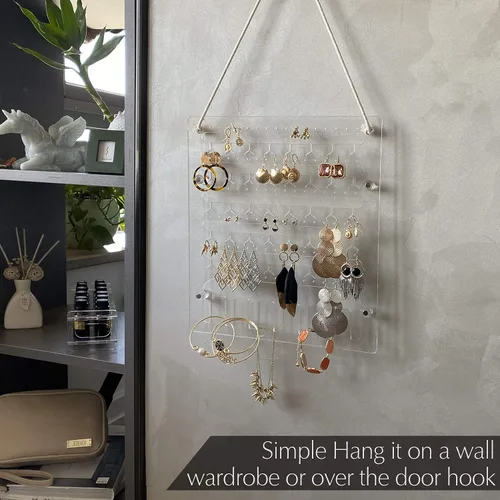 Miniatura 3 de Soporte para aretes para colgar en la pared, organizador de joyas, estante acrílico con 96 agujeros, 6 ganchos para collares, pulseras
