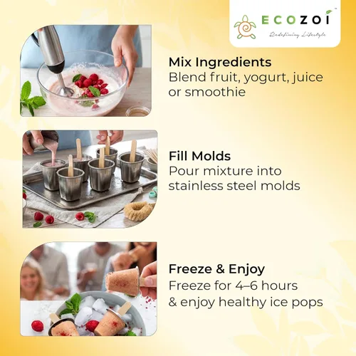 Miniatura 5 de Ecozoi Moldes y estante de acero inoxidable para paletas – 6 mini máquinas redondas de paletas de hielo + 30 palos de bambú reutilizables + 12