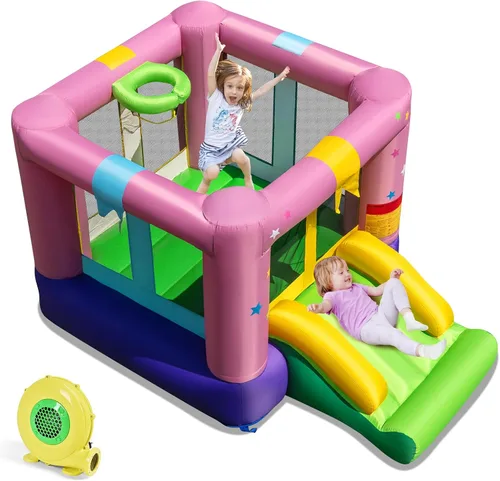 Miniatura 11 de HONEY JOY Casa inflable de rebotes, luna inflable para niños con tobogán, área gigante de saltos, fosa de pelotas oceánicas, aro de baloncesto