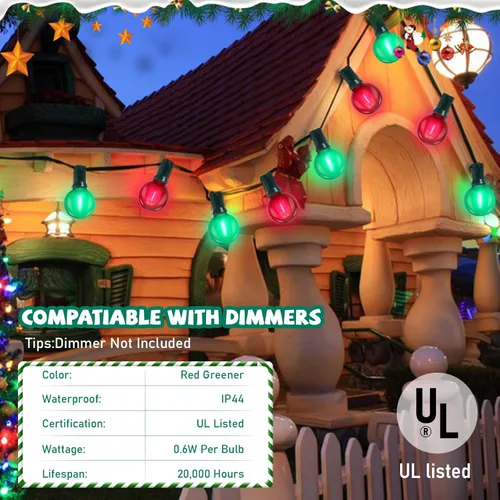 Miniatura 3 de Cadena de luces LED G40 para exteriores de Navidad de 50 pies, cadena de luces colgantes de globo con 27 LED inastillables, luces rojas y verdes