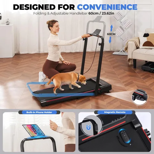 Miniatura 6 de GORISE Walking Pad Treadmill with Adjustable Height Handle Bar, 3HP Quiet Foldable Under Desk Treadmill, Portable Treadmills for Home 350LBS with