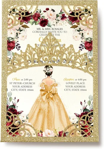 Miniatura 16 de 50 invitaciones de quinceañera con corona negra perlada cortada con láser Invitaciones de cumpleaños florales burdeos para Sweet 16/Miss XV