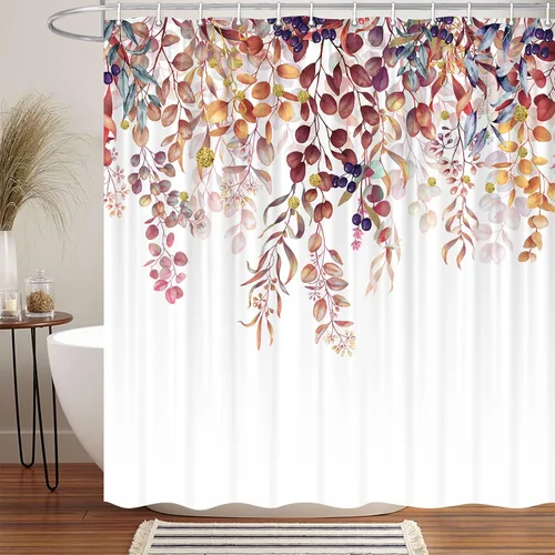 Miniatura 2 de MERCHR Cortina de ducha de otoño, lindo juego de cortinas de ducha de tela de cosecha de hojas rojas y doradas para baño, accesorios de decoración