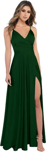 Miao Duo Vestidos de dama de honor de satén con cuello en V para mujer con abertura y tirantes delgados, vestidos formales de graduación con