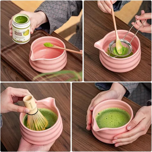 Miniatura 6 de MatchAiA Juego de batidor de matcha, cuenco de cerámica, batidor de bambú con soporte, tamiz, cuchara Schima, soporte para cuchara y toalla de té