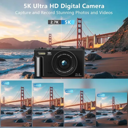 Miniatura 2 de Cámara digital 4K/5K - Cámara de vlogging UHD de 75MP para fotografía y video, WiFi, enfoque automático, pantalla abatible de 3 pulgadas, zoom 18X
