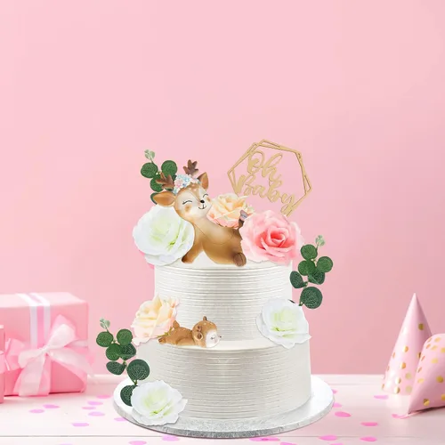 Miniatura 5 de Taiyin Oh Baby Cake Toppers para baby shower, lindos adornos para tartas de ciervos, flores de animales femeninos, decoración de tartas, pequeñas