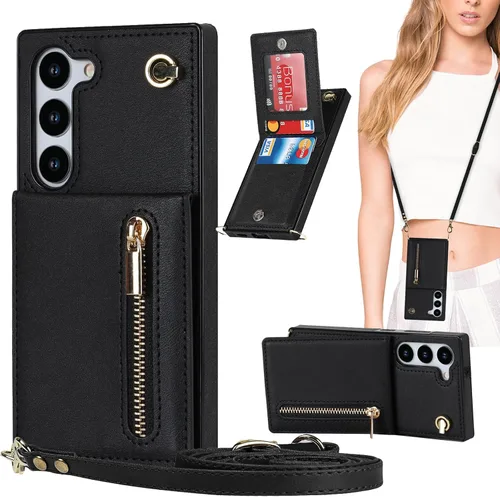 Funda tipo cartera cruzada para Samsung Galaxy S23 con tarjetero y correa de hombro extraíble para Samsung Galaxy S23 con cremallera, color negro