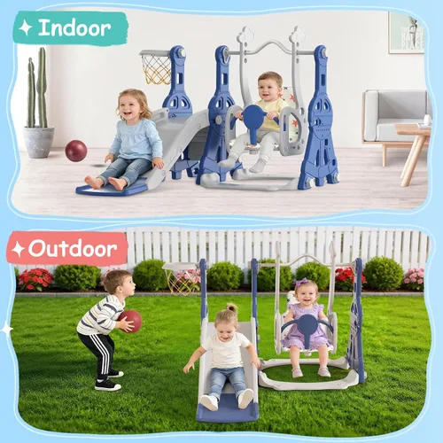 Miniatura 6 de BIERUM Juego de Tobogán y Columpio 4 en 1 para Niños Pequeños, Tobogán para Bebés para Niños Pequeños de 1-2 Años, con Aro de Baloncesto, Juego