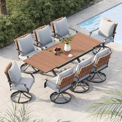 Miniatura 15 de Grand patio Juego de comedor de exterior de 5 piezas, 4 sillas de patio giratorias de mimbre con aspecto de cuero y 1 mesa de comedor cuadrada