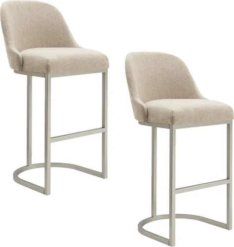 Leick Home 10133PW/OL Taburete de bar con base de metal, juego de 2, para encimeras de cocina elevadas, mesas altas y bares, asiento moderno de lino