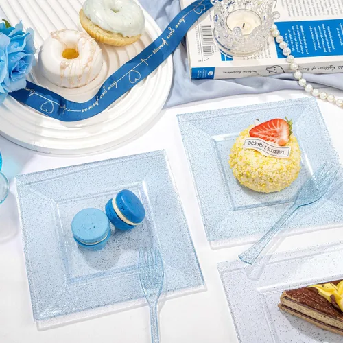 Miniatura 7 de DaYammi 100 platos de postre con purpurina azul, que incluyen 50 platos de aperitivo de 6 pulgadas y 50 tenedores de plástico de 5.7 pulgadas, plato