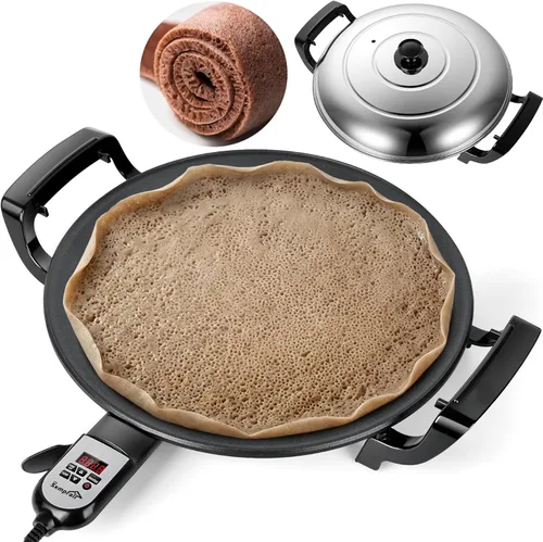 Ethiopian Injera Maker Mitad (Mogogo), Plancha eléctrica con temperatura y tiempo ajustables, superficie antiadherente para Lefse noruego,