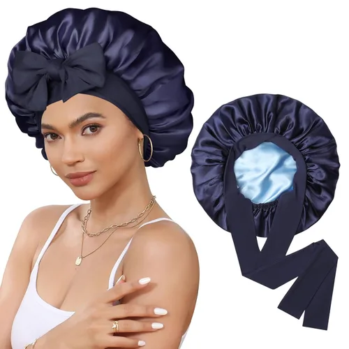 Miniatura 17 de Gorro de satén de seda para dormir, gorro de seda de doble capa con banda elástica para cabello rizado Negro+marrón