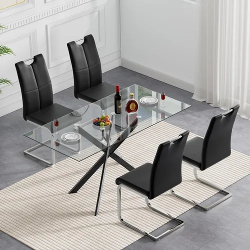 Miniatura 2 de Juego de mesa de comedor de cristal negro de 51 pulgadas para mesa de cocina de 4,5 piezas y sillas con patas de metal y 4 sillas de comedor de piel