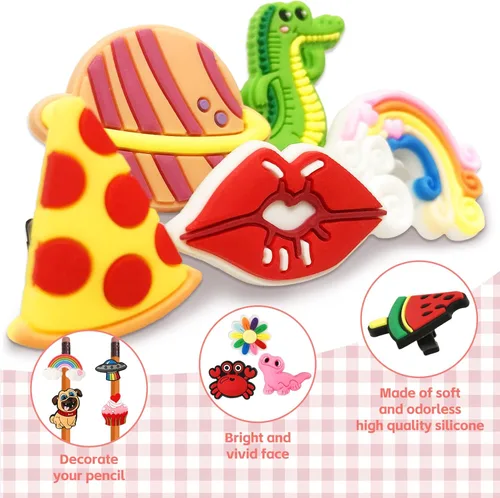 Miniatura 4 de Zddaoole 60 piezas de decoración para lápices, diferentes diseños de clip para lápices, adecuado para premios escolares, recompensas de aula, idea
