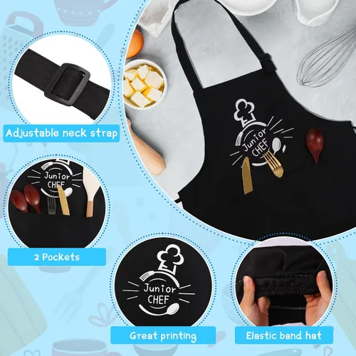 Miniatura 3 de Juego de 4 delantales y sombreros de chef, delantal ajustable impermeable para niños, delantal de entrenamiento divertido para niñas y niños