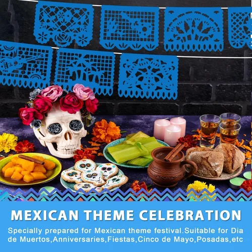 Miniatura 6 de Paquete de 6 pancartas de papel picado azul para fiesta mexicana, boda, fiesta, día de los muertos, Cinco de Mayo, decoración de México, papel