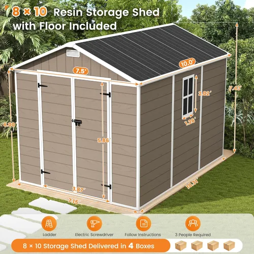 Miniatura 2 de UDPATIO Outdoor Resin Storage Shed 8 x 10 FT, Plastic Storage Shed with Floor Large Outdoors Garden Tool Storage Shed Outside Clearance Shed with