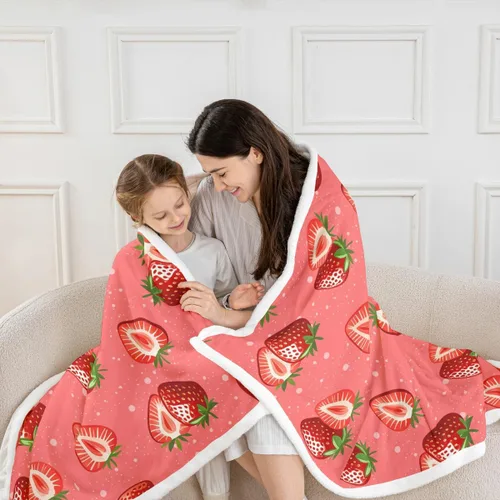 Miniatura 5 de Feelyou Manta femenina de vellón sherpa de fresa para niños y niñas, estampado de frutas tropicales, felpa rosa dulce fresa mullida para sofá