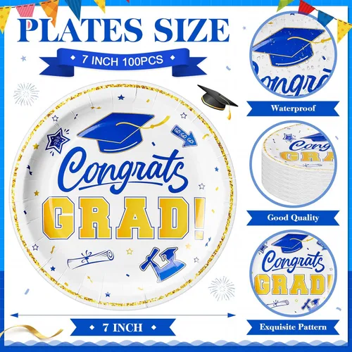 Miniatura 3 de Sabary 100 platos de postre de papel de graduación 2026, color azul y blanco, suministros para fiestas de graduación de 7 pulgadas, platos