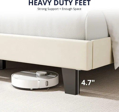 Miniatura 5 de Cozy Castle Base de cama tamaño Full, plataforma tapizada con cabecera curvada ajustable de terciopelo, base de colchón con listones de madera Crema