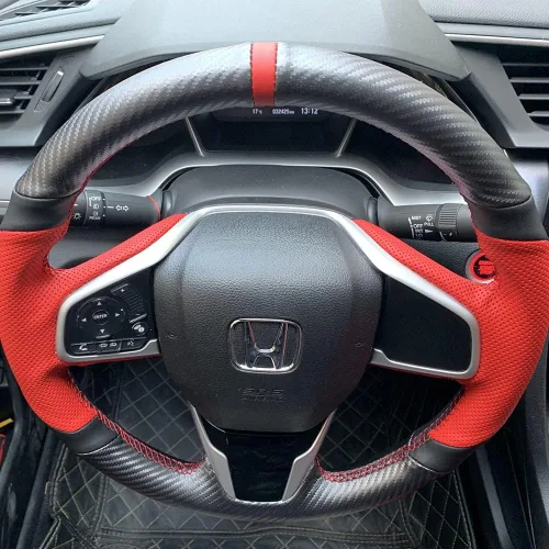Miniatura 6 de Cubierta de volante de cuero perforado rojo con fibra de carbono mate negro para Honda Civic 2016-2021/CR-V 17-21/Clarity 16-18/Breeze